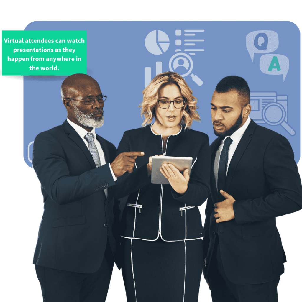 three event attendees watching a virtual event on a tablet