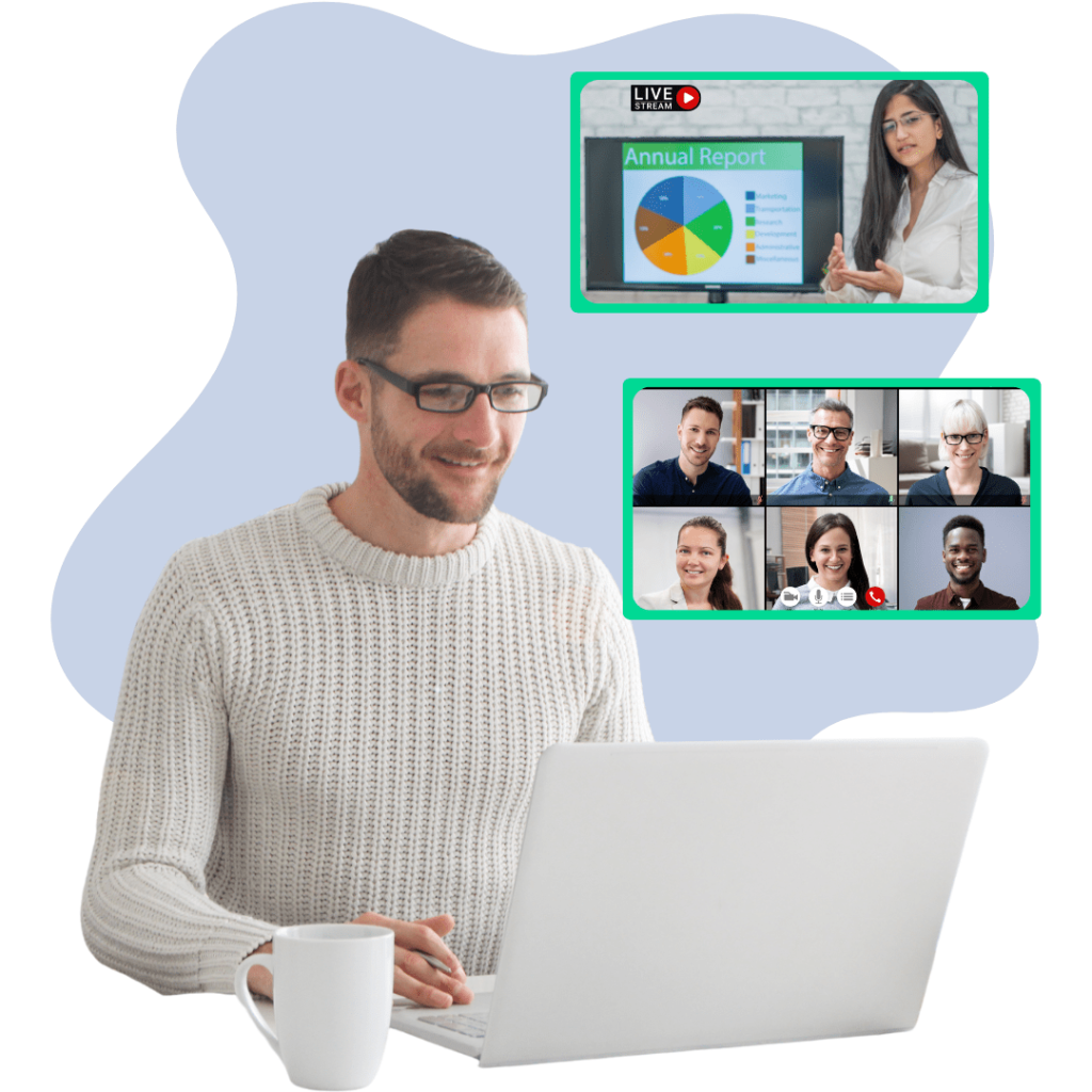 an event attendee watching an event live stream on his laptop