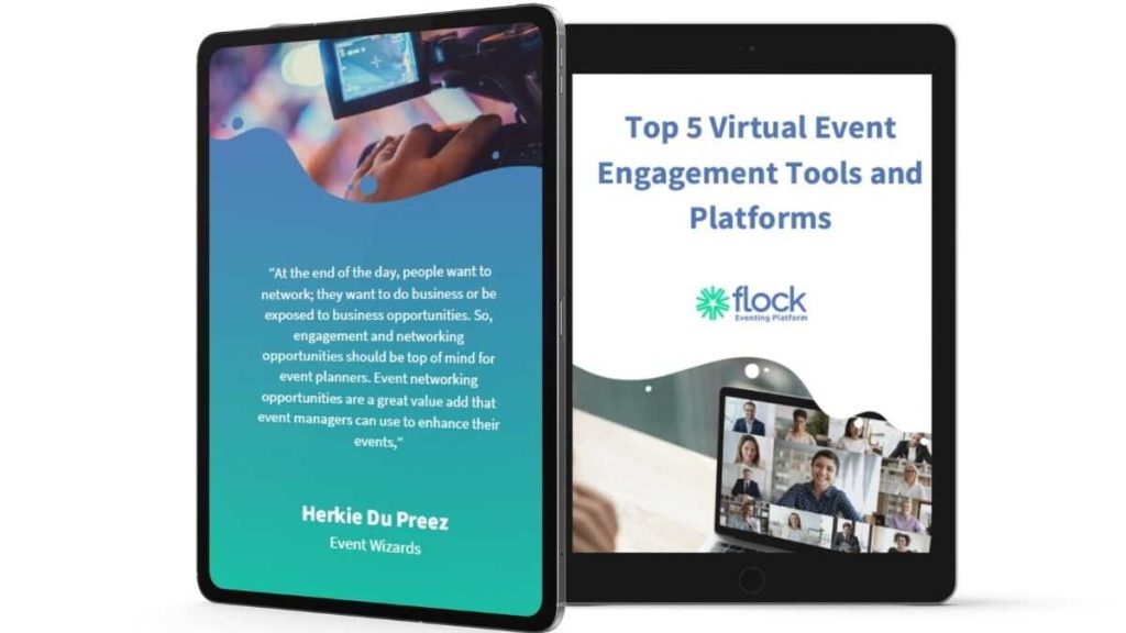 mock-up of a Flock eBook titled Top 5 Virtual Event Engagement Tools and Platforms