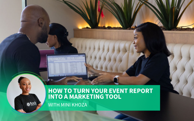 Two event planners are analysing a post-event report on a laptop screen.